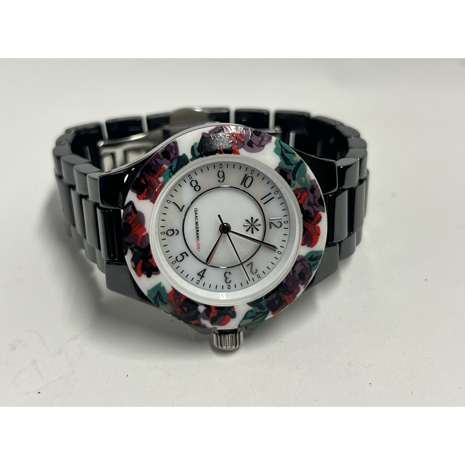 Isaac Mizrahi Live Ceramic Watch With Floral Printed Bezel Black Small